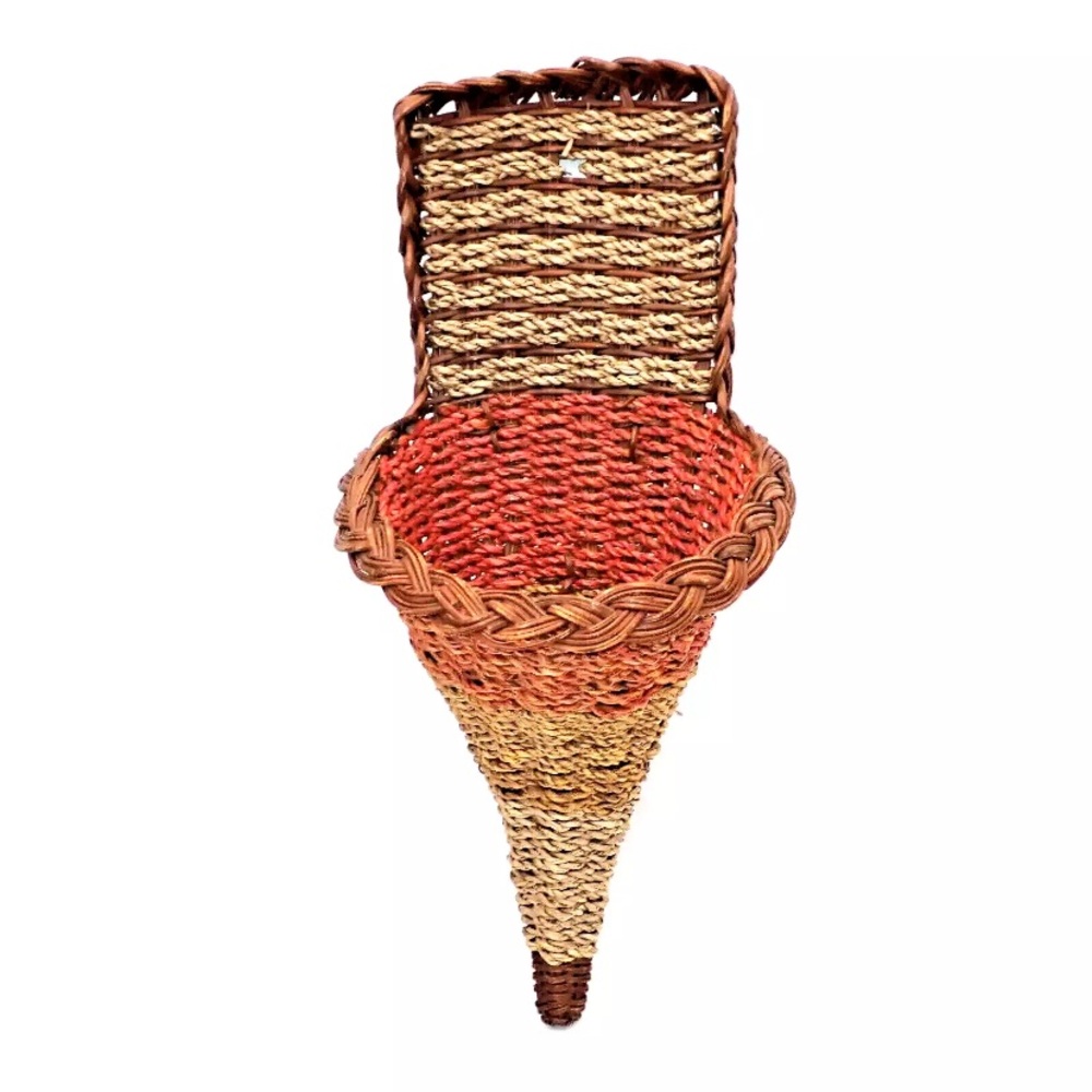 Vintage Rattan Cornucopia Table Wall Hanging Basket Pocket Planter Plant Hanger
